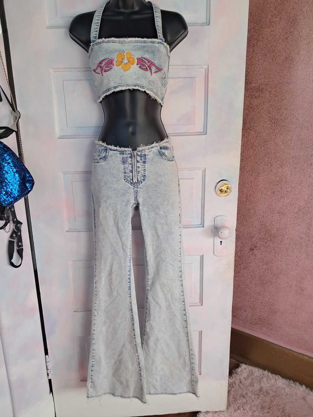 Dolls Kill Club Exx Set Light Wash Denim Flare Jeans with Embroidered Crop Top